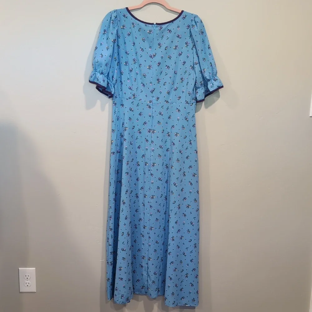 SHEIN Blue And Purple Floral Sweetheart Neckline Short Sleeve Midi Maxi Dress L